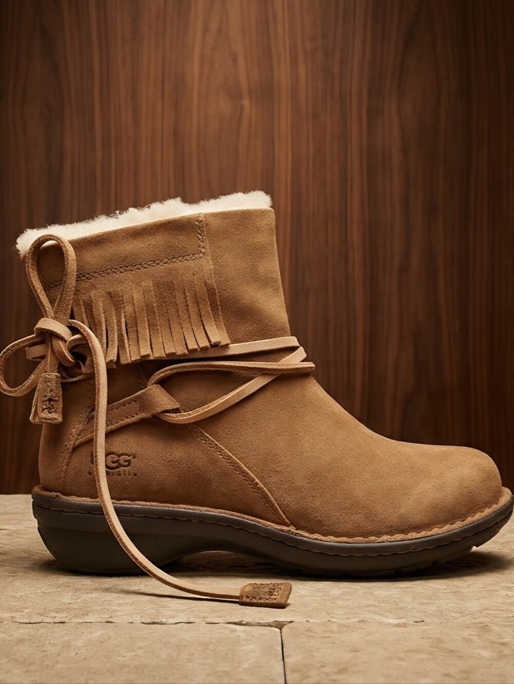 UGG Chestnut Suede Fringe Lace-Up Ankle Bootie